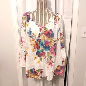 Spense Women's‎ Bohemian Floral Tunic Top Tropical Flowy Bell Sleeves Size Large